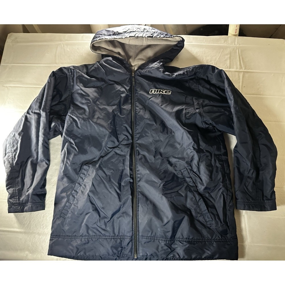 90s Nike Reversible Hooded Jacket Navy Blue Gray Nylon Fleece Mens L vintage